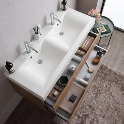 Meuble De Salle De Bains Suspendu 120Cm Avec Tiroirs En Chêne Naturel Soft Close Et Double Lavabo - Valentina