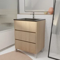 Meuble de salle de bains 60 cm 3 Tiroirs Chêne Clair + Vasque Céramique Noire - XENOS