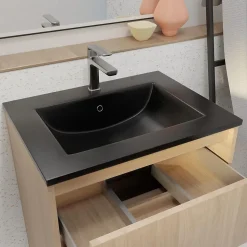 Meuble de salle de bains 60 cm 3 Tiroirs Chêne Clair + Vasque Céramique Noire - XENOS