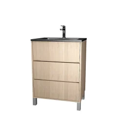 Meuble de salle de bains 60 cm 3 Tiroirs Chêne Clair + Vasque Céramique Noire - XENOS