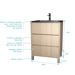 Meuble de salle de bains 60 cm 3 Tiroirs Chêne Clair + Vasque Céramique Noire - XENOS