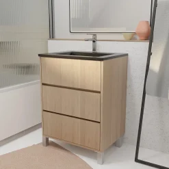 Meuble de salle de bains 60 cm 3 Tiroirs Chêne Clair + Vasque Céramique Noire - XENOS