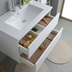 Meuble De Salle De Bains Suspendu 80Cm Blanc Avec Lavabo En Céramique Et Miroir - Bilbao