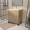 Meuble de salle de bains 70 cm TIMBER - Décor Chêne Naturel à portes avec Vasque céramique blanche