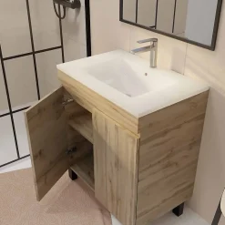 Meuble de salle de bains 70 cm TIMBER - Décor Chêne Naturel à portes avec Vasque céramique blanche
