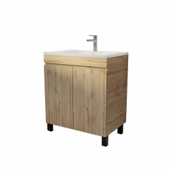Meuble de salle de bains 70 cm TIMBER - Décor Chêne Naturel à portes avec Vasque céramique blanche
