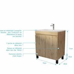 Meuble de salle de bains 70 cm TIMBER - Décor Chêne Naturel à portes avec Vasque céramique blanche