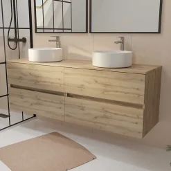Meuble de salle de bains 160 TIMBER Décor Chêne - 4 Tiroirs - 2 Vasques Rondes Blanches