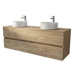 Meuble de salle de bains 160 TIMBER Décor Chêne - 4 Tiroirs - 2 Vasques Rondes Blanches