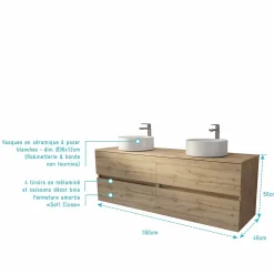 Meuble de salle de bains 160 TIMBER Décor Chêne - 4 Tiroirs - 2 Vasques Rondes Blanches