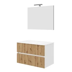 Meuble De Salle De Bains 80Cm Blanc Avec Façade En Chêne Cannelé Et Miroir 80X60