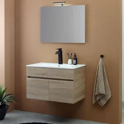 Meuble De Salle De Bains Suspendu Chêne Marron 80Cm, Lavabo Et Miroir 80X60 Silvia