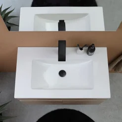 Meuble De Salle De Bains Suspendu Chêne Marron 80Cm, Lavabo Et Miroir 80X60 Silvia