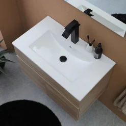 Meuble De Salle De Bains Suspendu Chêne Marron 80Cm, Lavabo Et Miroir 80X60 Silvia