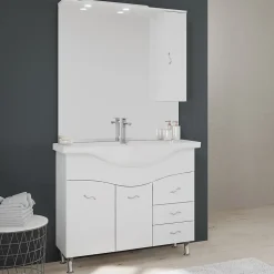 Meuble De Salle De Bains Classique Blanc De 106 Cm Avec Lavabo, Miroir Et Meuble Suspendu.