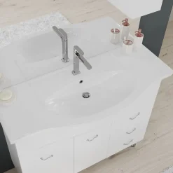 Meuble De Salle De Bains Classique Blanc De 106 Cm Avec Lavabo, Miroir Et Meuble Suspendu.
