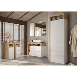 Meuble de salle de bains BURA 1 porte Blanc brillant laqué et chene clair Design moderne