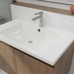 Meuble de salle de bains 75cm à Suspendre Décor Bois Clair - 2 Portes - Vasque Blanche - ELEMENTARY