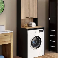 Meuble dessus de machine à laver WALLIS avec placard noir et bois façon hêtre
