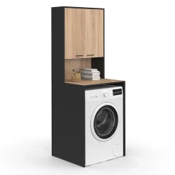 Meuble dessus de machine à laver WALLIS avec placard noir et bois façon hêtre