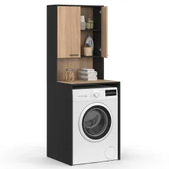 Meuble dessus de machine à laver WALLIS avec placard noir et bois façon hêtre