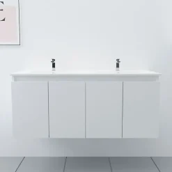 Meuble double vasque 120 cm PROLINE- Blanc- Plan vasque en Céramique