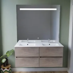Meuble double vasque 120 cm ROSALY INOX + miroir Elégance ht105- Bois- Plan vasque en Céramique