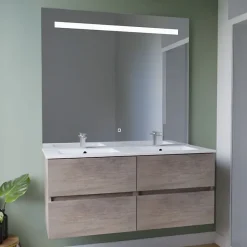 Meuble double vasque 120 cm ROSALY INOX + miroir Elégance ht105- Bois- Plan vasque en Céramique