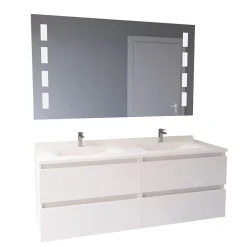 Meuble double vasque 140 cm ARLEQUIN avec miroir Prestige - Blanc - Blanc