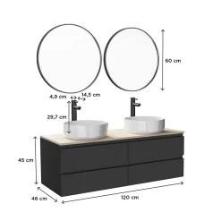 Meuble double vasque 120cm avec plan bois SORRENTO Blanc+vasque+robinet+miroir