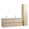 Meuble double vasque 120cm avec plan céramique SORRENTO Décor chêne + colonne