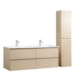 Meuble double vasque 120cm avec plan céramique SORRENTO Décor chêne + colonne