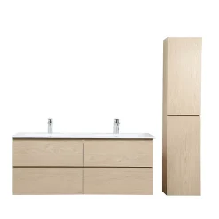 Meuble double vasque 120cm avec plan céramique SORRENTO Décor chêne + colonne