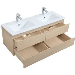 Meuble double vasque 120cm avec plan céramique SORRENTO Décor chêne + colonne