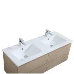 Meuble double vasque 120cm avec plan céramique SORRENTO Décor chêne + colonne