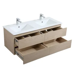 Meuble double vasque 120cm avec plan céramique SORRENTO Décor chêne + miroir