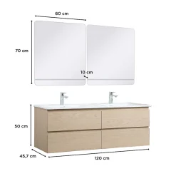 Meuble double vasque 120cm avec plan céramique SORRENTO Décor chêne + miroir
