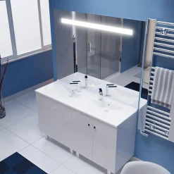Meuble ECOLINE 140 cm avec plan vasque résine et miroir Elégance ht105- Blanc