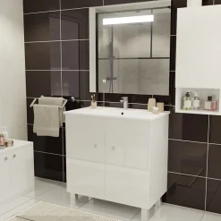Meuble ECOLINE 80 cm avec plan vasque et miroir Elégance ht80- Blanc
