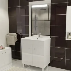 Meuble ECOLINE 70 cm avec plan vasque et miroir ELEG Plus ht105 - Blanc