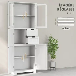 Meuble haut de salle de bain - armoire salle de bain - grande colonne salle de bain - 4 portes, 2 tiroirs - blanc