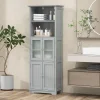 Meuble Haut de Salle de Bain Rangement 6 Niveaux avec 2 Etageres Ouvertes&2 Compartiments Porte en Verre Transparent Gris
