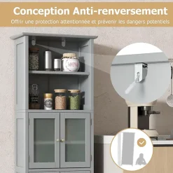Meuble Haut de Salle de Bain Rangement 6 Niveaux avec 2 Etageres Ouvertes&2 Compartiments Porte en Verre Transparent Gris