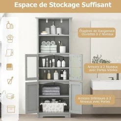 Meuble Haut de Salle de Bain Rangement 6 Niveaux avec 2 Etageres Ouvertes&2 Compartiments Porte en Verre Transparent Gris