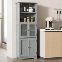Meuble Haut de Salle de Bain Rangement 6 Niveaux avec 2 Etageres Ouvertes&2 Compartiments Porte en Verre Transparent Gris