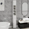 Meuble haut et étroit salle de bain blanc, autoportant avec 1 tiroir, 2 portes et 4 étagères réglables, 180 cm