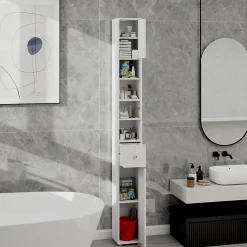 Meuble haut et étroit salle de bain blanc, autoportant avec 1 tiroir, 2 portes et 4 étagères réglables, 180 cm