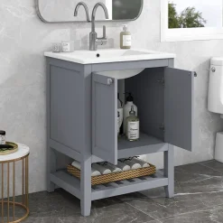 Meuble Lavabo avec Vasque Céramique - Meuble Sous-Vasque Moderne avec Espace de Rangement, Bois de Pin et MDF, 61x46x90 cm - Gris