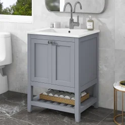 Meuble Lavabo avec Vasque Céramique - Meuble Sous-Vasque Moderne avec Espace de Rangement, Bois de Pin et MDF, 61x46x90 cm - Gris