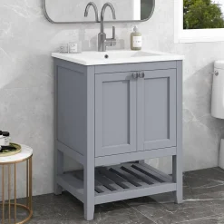 Meuble Lavabo avec Vasque Céramique - Meuble Sous-Vasque Moderne avec Espace de Rangement, Bois de Pin et MDF, 61x46x90 cm - Gris